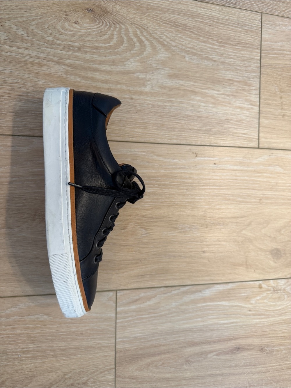 Allen Edmonds Black Leather Sneakers with White Sole and Tan Trim - Picture 2 of 7